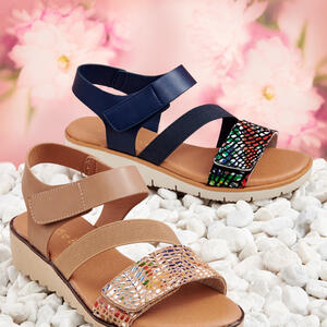 Bare Traps Sandal JETTY

 * Z Pattern with Velcro and Elastic
 * Printed Vamp strap
 * Low Wedge Comfort
 https://www.baretraps.com.au/buy/shoes~sandals/jetty-navy
Instore and Online NOW