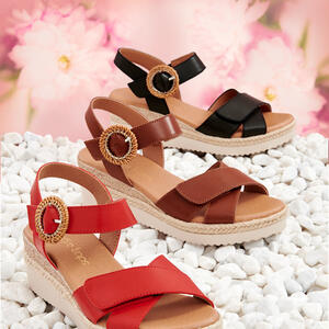 Bare Traps LAMA Sandal
 * Fresh X Sandal with CANE Buckle
 * Natural Blend Mid wedge
 * 3 Colours - Black, Brown & Red
https://www.baretraps.com.au/buy/shoes~wedges/lama-red
Instore & Online NOW