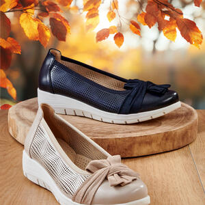 ROGUE by  Bare Traps
 - Chic Slip-on Casual with Bow feature
 - Lasercut designed upper
 - Low Beige Wedge
Navy and Taupe
https://www.baretraps.com.au/buy/shoes~comfort/rogue-taupe