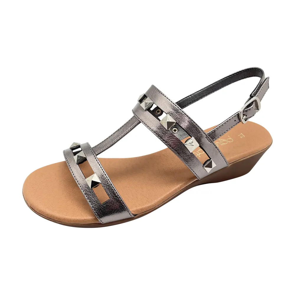 Janet Pewter Bare Traps Low wedge heel sandal